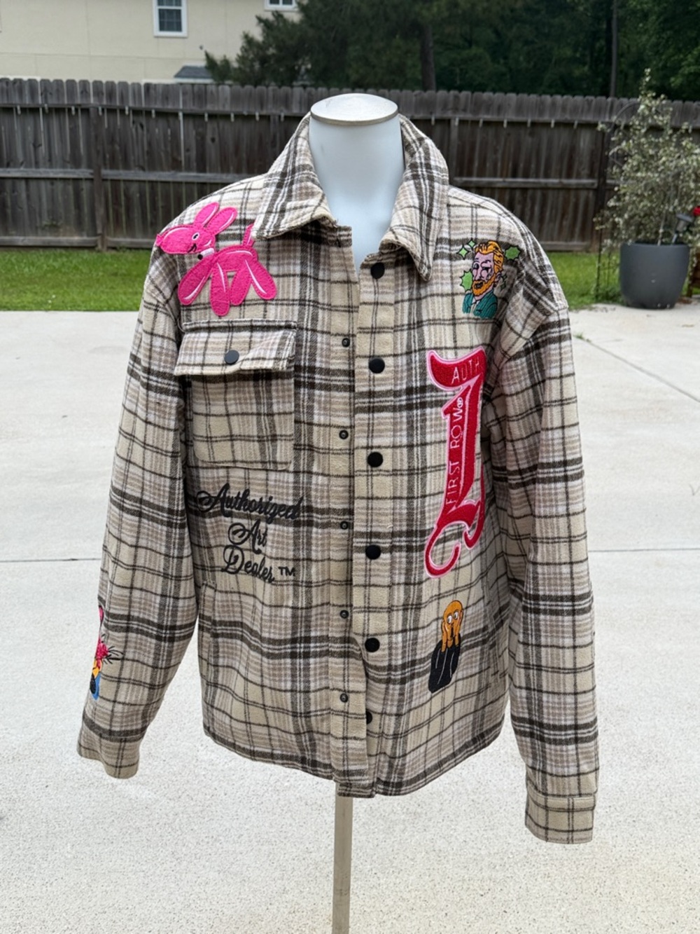 Men's First Row Beige Plaid Patchwork Jacket with Embroidery Accents Medium